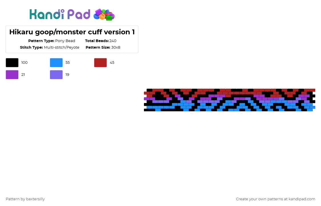 Hikaru goop/monster cuff version 1 - Pony Bead Pattern by baxtersilly on Kandi Pad - red,light blue,tshd,the summer hikaru died,hikaru,hikaru tshd,even peyote,peyote cuff,tshd yoshiki,yoshiki