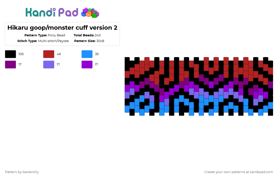Hikaru goop/monster cuff version 2 - Pony Bead Pattern by baxtersilly on Kandi Pad - red,light blue,tshd,tshd hikaru,hikaru,the summer hikaru died,tshd yoshiki,yoshiki,hikaru monster,multistitch cuff