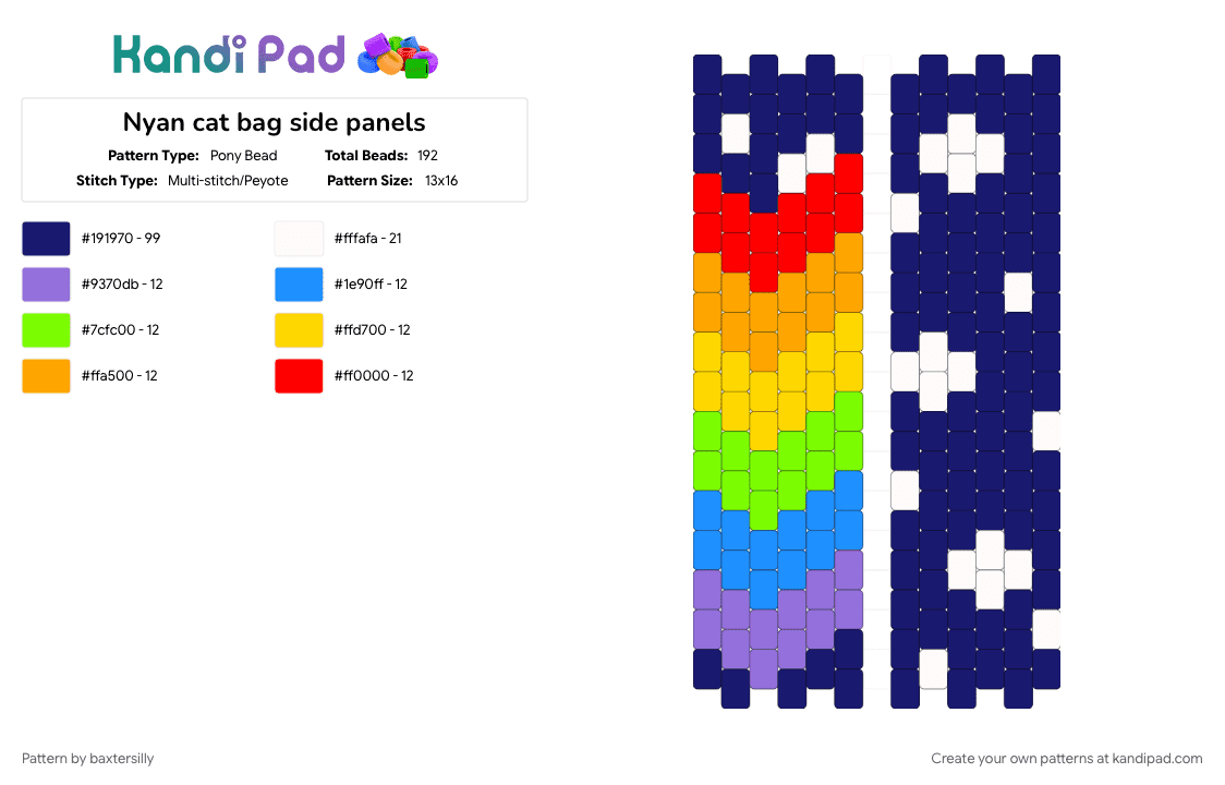 Nyan cat bag side panels - Pony Bead Pattern by baxtersilly on Kandi Pad - bag, bag panels, nyan cat, panel, peyote bag, purple