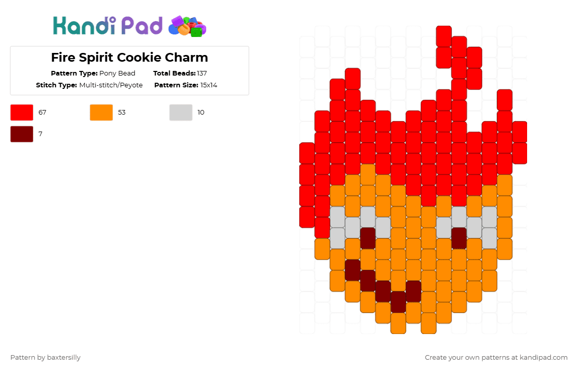 Fire Spirit Cookie Charm - Pony Bead Pattern by baxtersilly on Kandi Pad - red,orange,fire spirit cookie,fsc,crk,cookie run kingdom,crk charm,charm,keychain,fire spirit