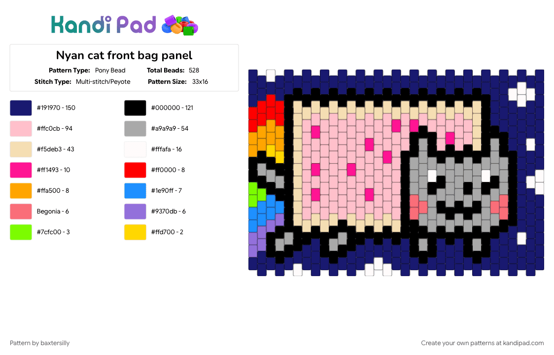 Nyan cat front bag panel - Pony Bead Pattern by baxtersilly on Kandi Pad - bag, bag panel, beige, nyan cat, panel, peyote bag, pink, purple