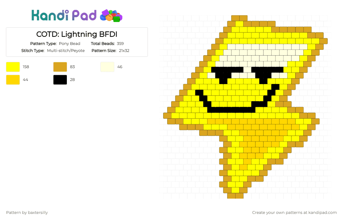 COTD: Lightning BFDI - Pony Bead Pattern by baxtersilly on Kandi Pad - bfb, bfdi, cotdlightning, lightning bfb, lightning bfdi, lightning tpot, object show, orange, tpot, yellow