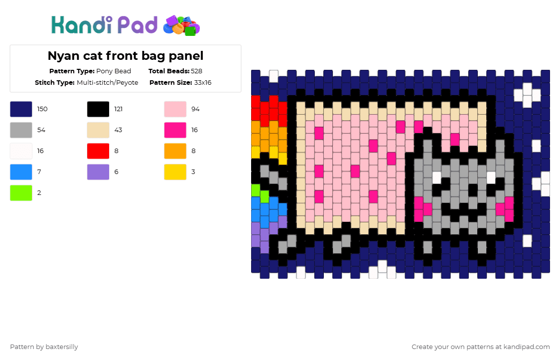 Nyan cat front bag panel - Pony Bead Pattern by baxtersilly on Kandi Pad - pink,beige,purple,nyan cat,bag,peyote bag,bag panel,panel