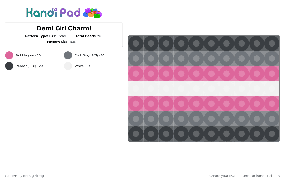 Demi Girl Charm! - Fuse Bead Pattern by deleted_user_829150 on Kandi Pad - pink,gray,demigirl,charm,easy,simple,fast,lgbtqia