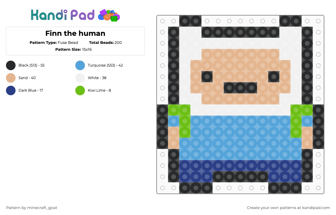 Finn the human - Fuse Bead Pattern by minecraft_goat on Kandi Pad - finn the human,adventure time,cartoon,tv show,human,boy,light blue,beige