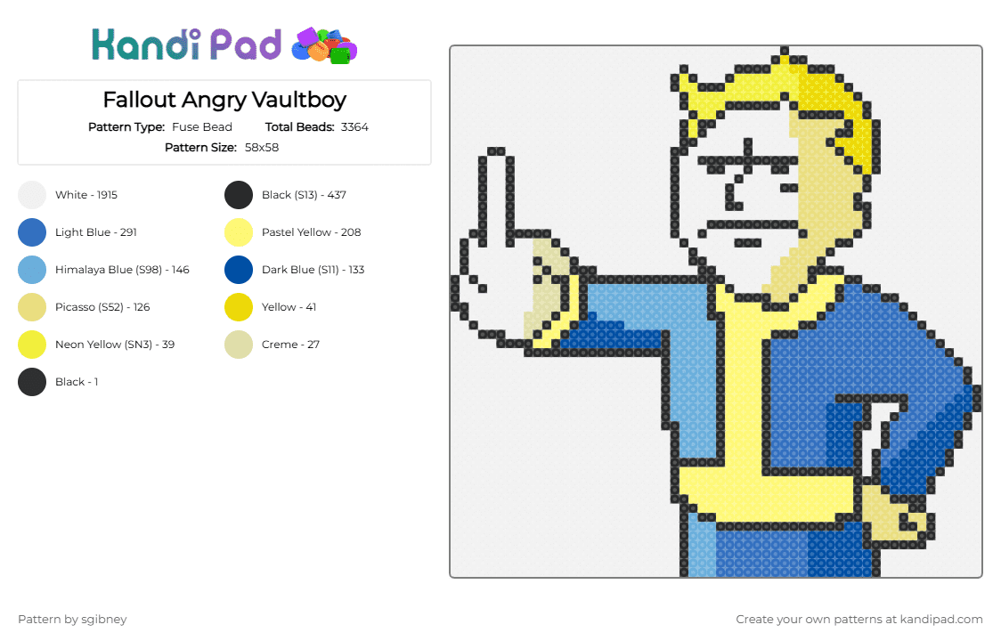 Fallout Angry Vaultboy - Fuse Bead Pattern by sgibney on Kandi Pad - blue, white, yellow