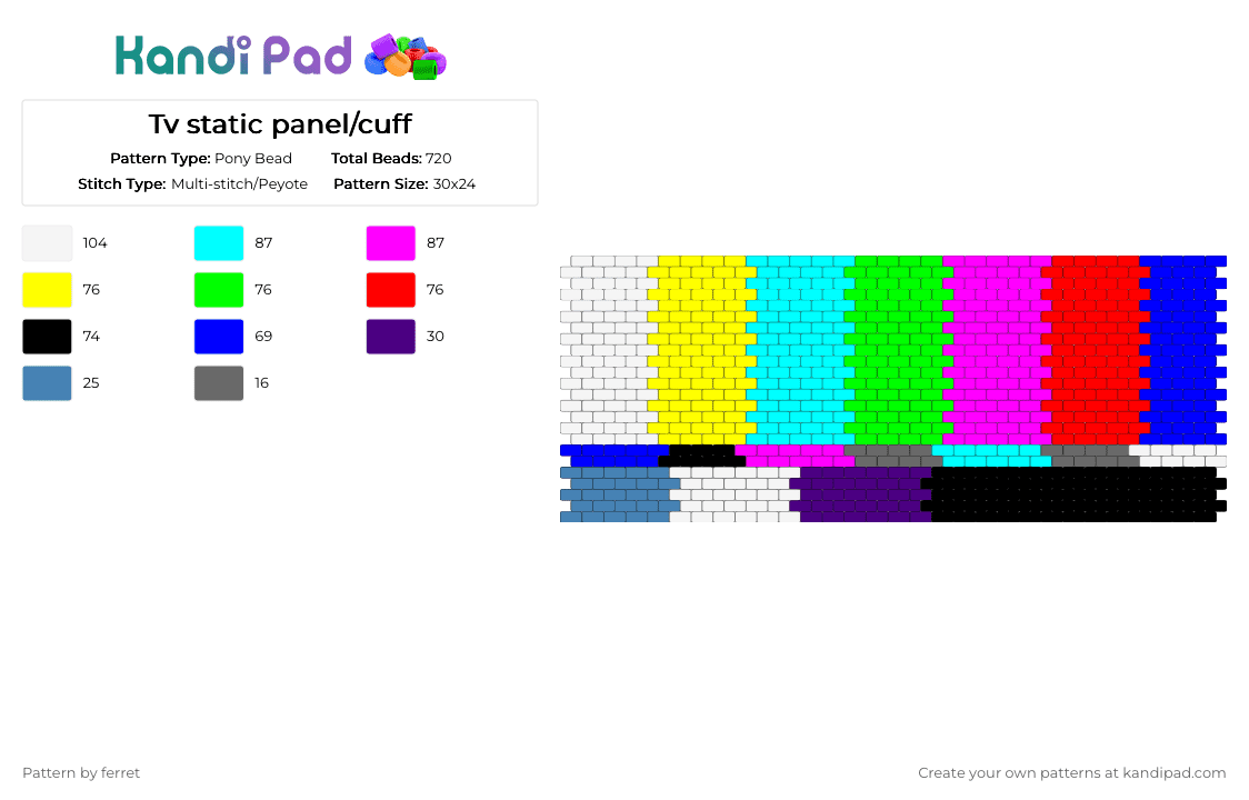 Tv static panel/cuff - Pony Bead Pattern by ferret on Kandi Pad - light blue,pink,purple,colorful