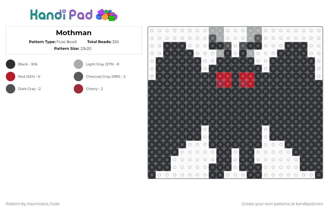 Mothman - Fuse Bead Pattern by insomniacs_haze on Kandi Pad - black, cryptid, easy, gray, mothman, red, simple