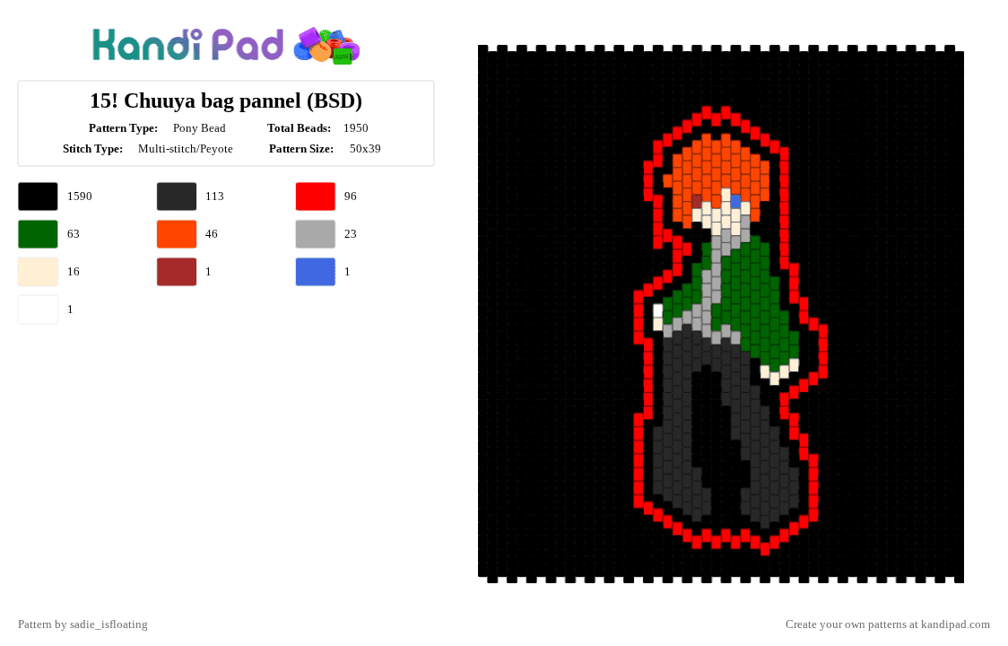 15! Chuuya bag pannel (BSD) - Pony Bead Pattern by sadie_isfloating on Kandi Pad - black, green, red