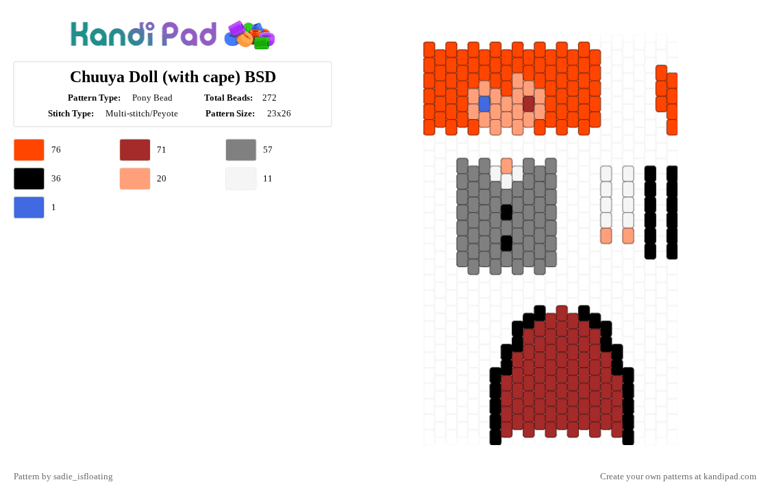 Chuuya Doll (with cape) BSD - Pony Bead Pattern by sadie_isfloating on Kandi Pad - gray, red