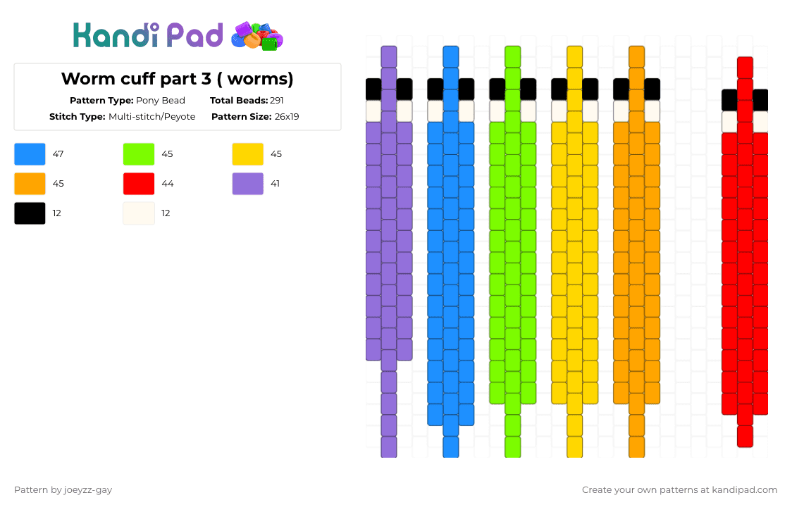 Worm cuff part 3 ( worms) - Pony Bead Pattern by joeyzz-gay on Kandi Pad - yellow,red,purple,colorful