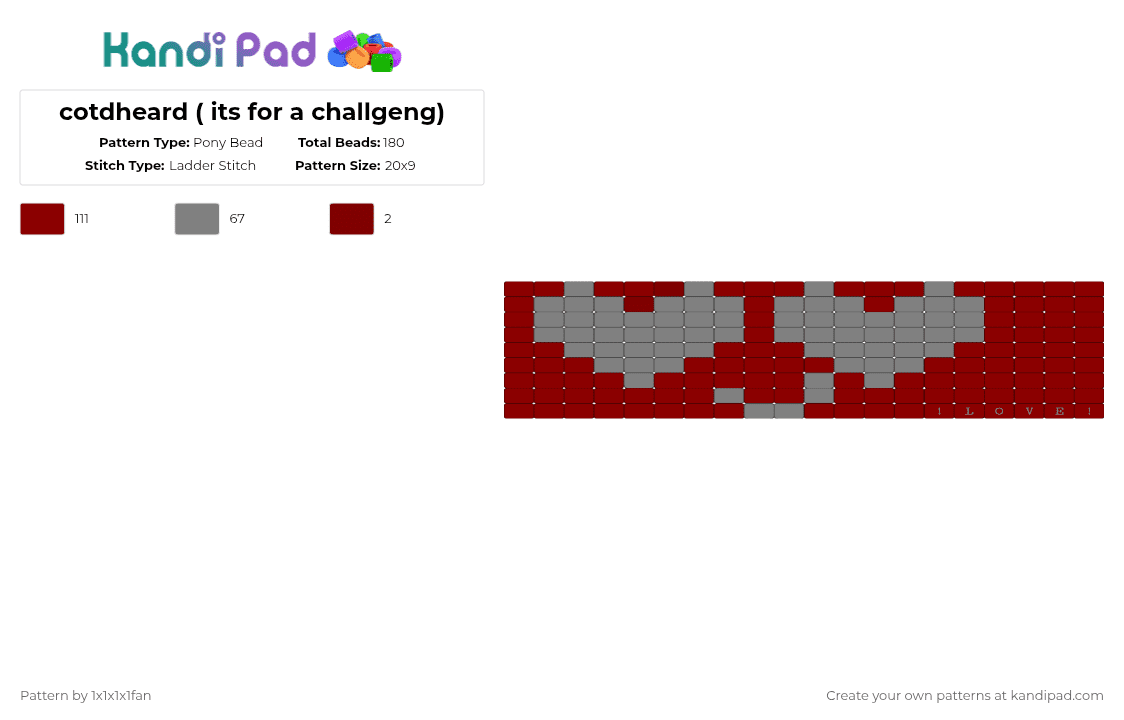 cotdheard ( its for a challgeng) - Pony Bead Pattern by 1x1x1x1fan on Kandi Pad - red,gray