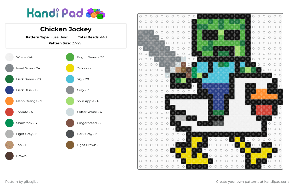 Chicken Jockey - Fuse Bead Pattern by gibsgibs on Kandi Pad - chicken,creeper,animal,bird,minecraft,gaming,video game,black,green,gray,blue,colorful