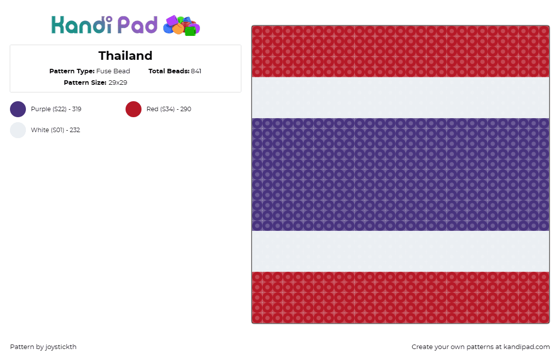 Thailand - Fuse Bead Pattern by joystickth on Kandi Pad - thailand,flag,country,geography,red,purple,white