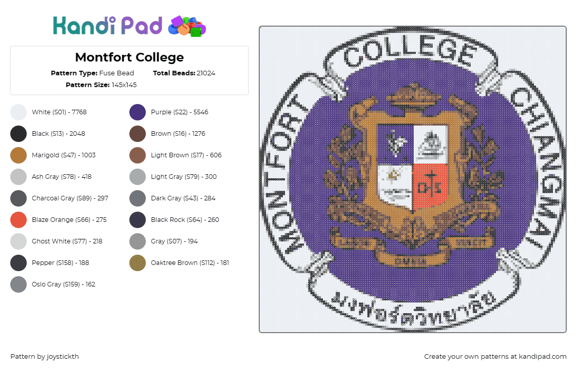 Montfort College - Fuse Bead Pattern by joystickth on Kandi Pad - montfort,college,university,school,crest,education,purple