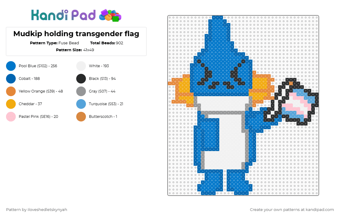Mudkip holding transgender flag - Fuse Bead Pattern by iloveshedletskynyah on Kandi Pad - blue,cotdcuteanimals,starters,startersmudkip,pokemon,mudkip,startersmovieunleashers