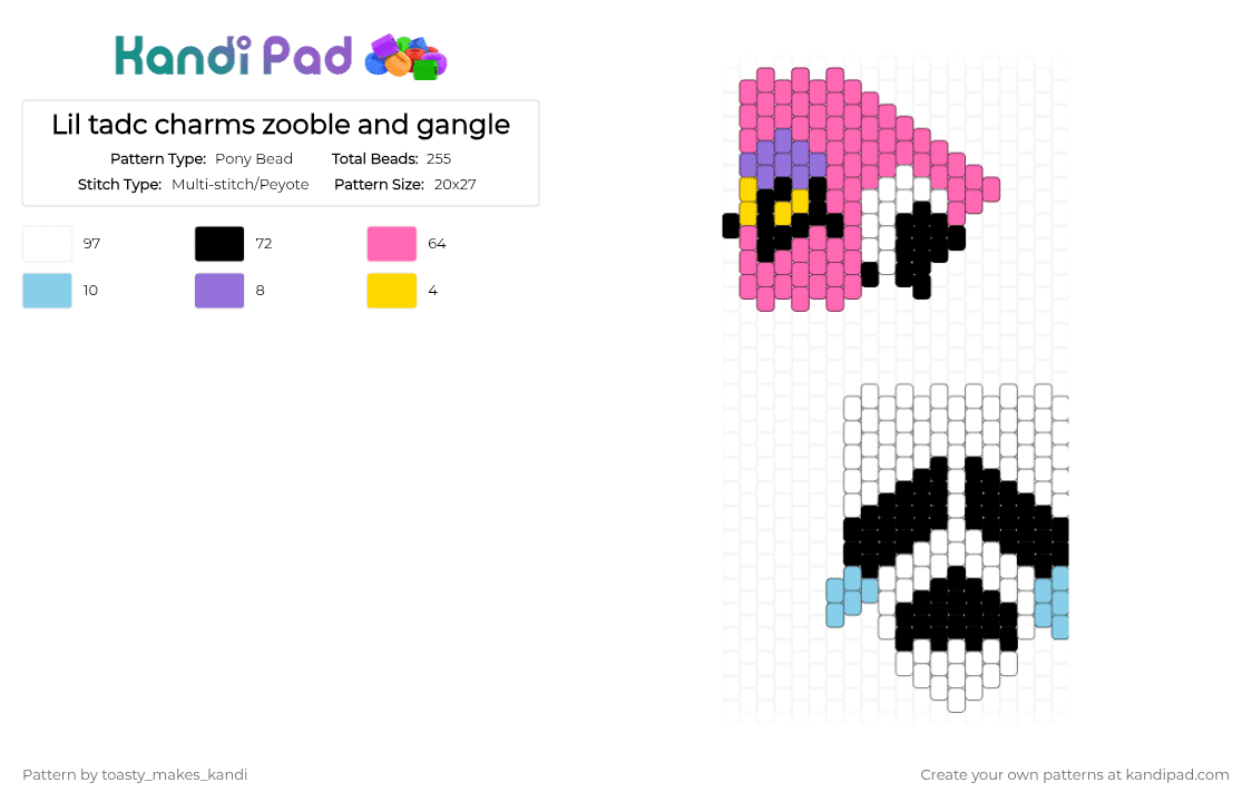 Lil tadc charms zooble and gangle - Pony Bead Pattern by toasty_makes_kandi on Kandi Pad - white,pink