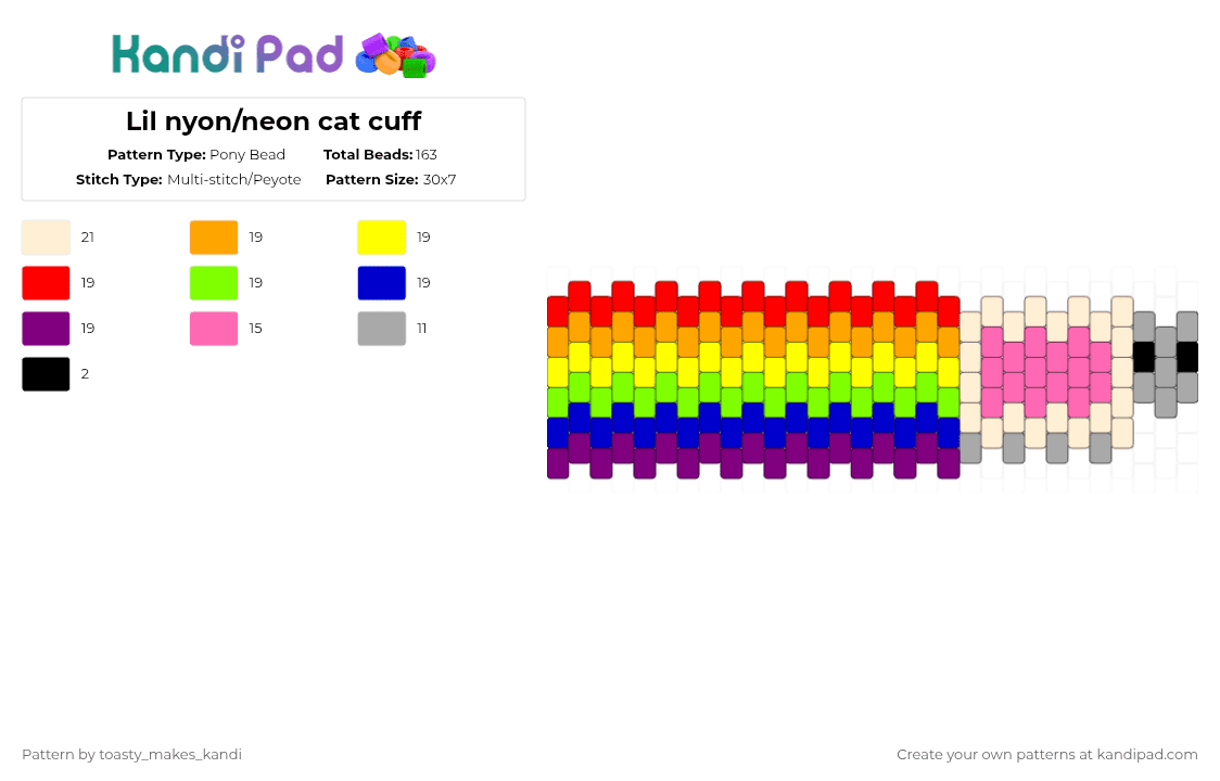 Lil nyon/neon cat cuff - Pony Bead Pattern by toasty_makes_kandi on Kandi Pad - beige,pink