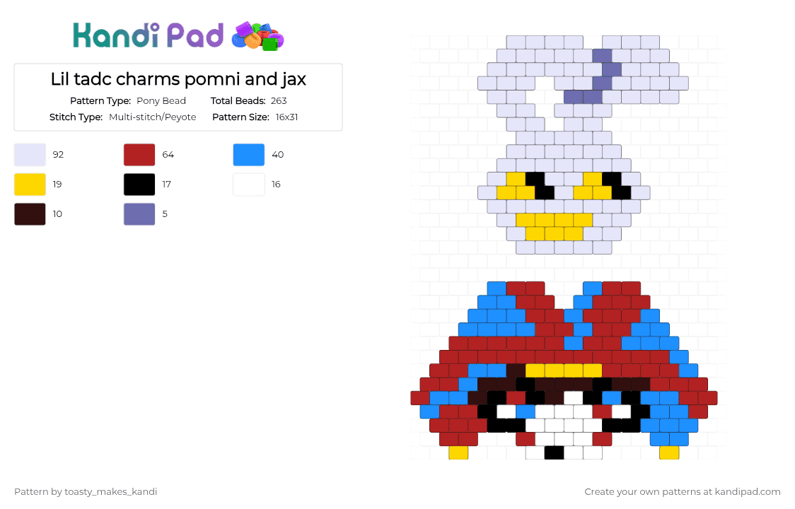 Lil tadc charms pomni and jax - Pony Bead Pattern by toasty_makes_kandi on Kandi Pad - white,red,light blue
