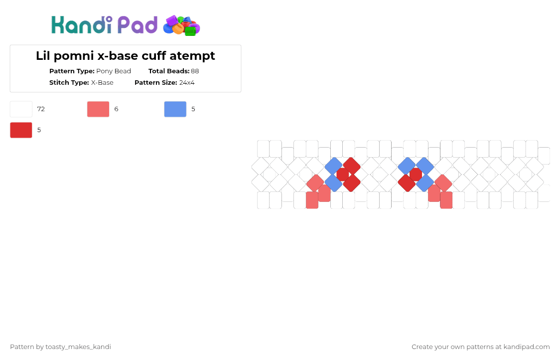 Lil pomni x-base cuff atempt - Pony Bead Pattern by toasty_makes_kandi on Kandi Pad - white,light blue,red