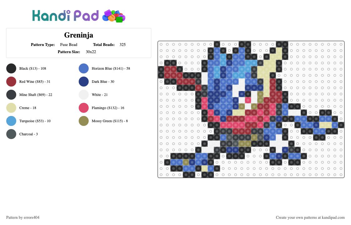 Greninja - Fuse Bead Pattern by errors404 on Kandi Pad - red,blue