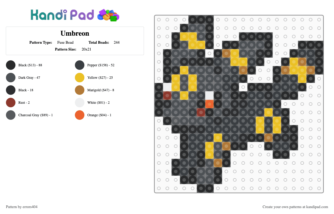 Umbreon - Fuse Bead Pattern by errors404 on Kandi Pad - black, gray, yellow