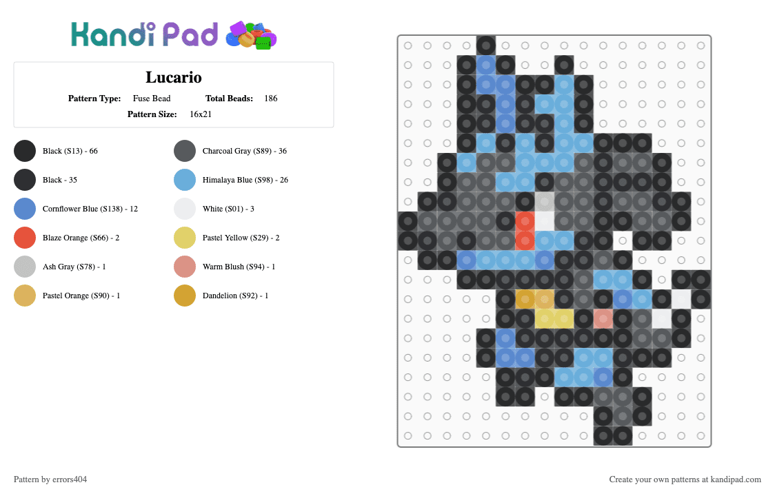 Lucario - Fuse Bead Pattern by errors404 on Kandi Pad - black,gray,blue,light blue