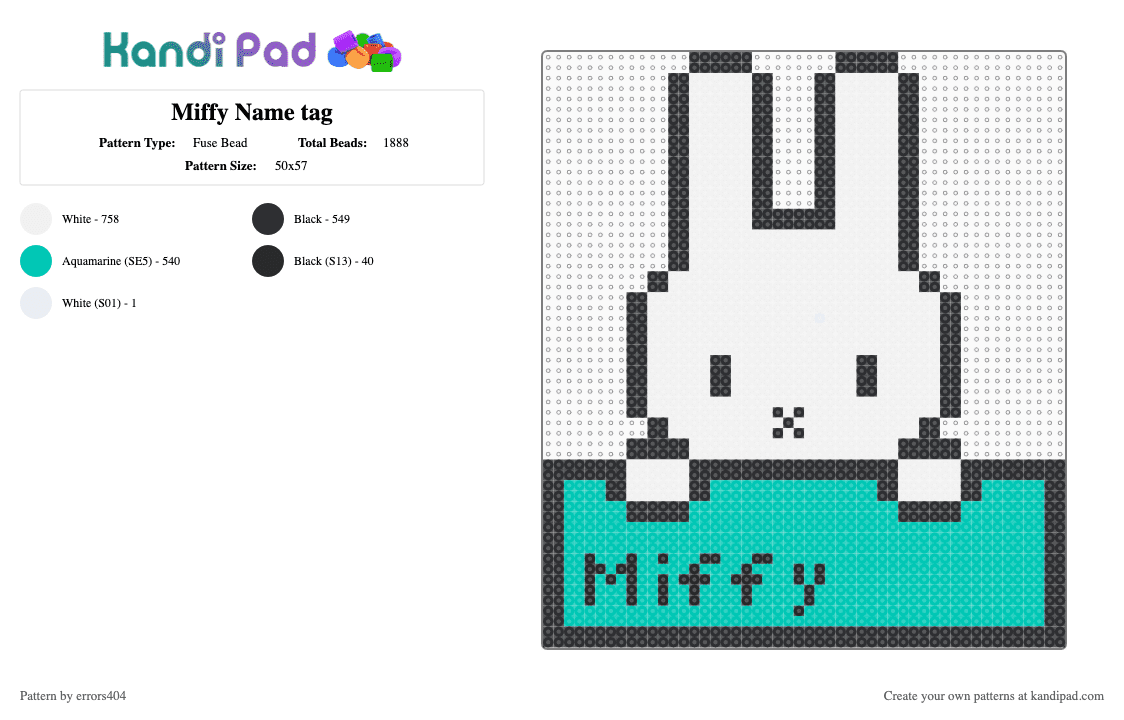 Miffy Name tag - Fuse Bead Pattern by errors404 on Kandi Pad - white,teal