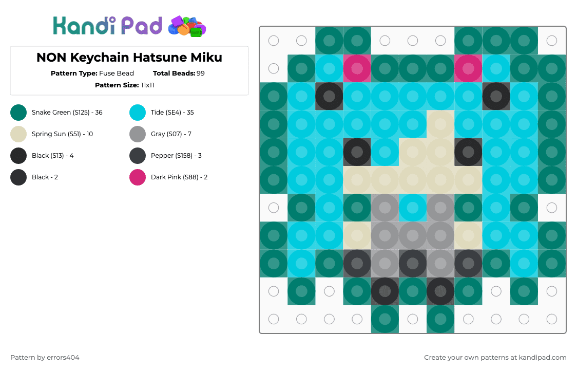 NON Keychain Hatsune Miku - Fuse Bead Pattern by errors404 on Kandi Pad - light blue,teal