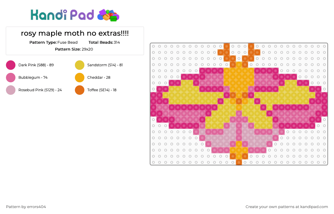 rosy maple moth no extras!!!! - Fuse Bead Pattern by errors404 on Kandi Pad - pink