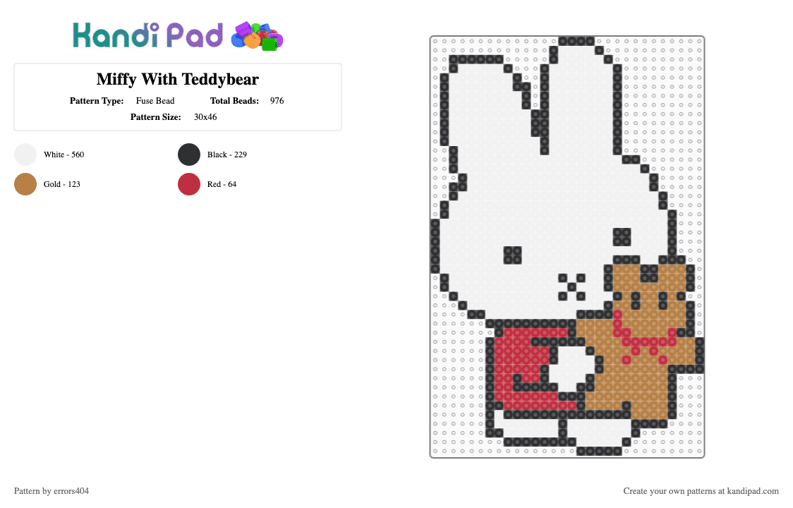 Miffy With Teddybear - Fuse Bead Pattern by errors404 on Kandi Pad - white,tan,red