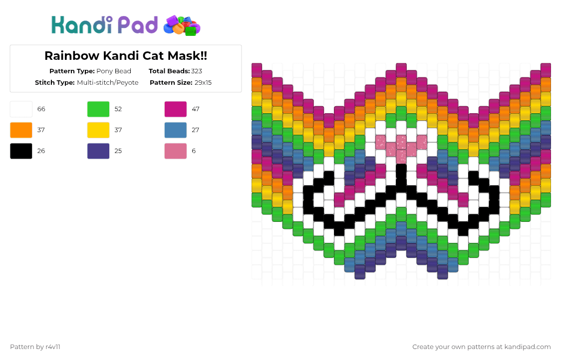 Rainbow Kandi Cat Mask!! - Pony Bead Pattern by r4v11 on Kandi Pad - pink,orange,yellow,green