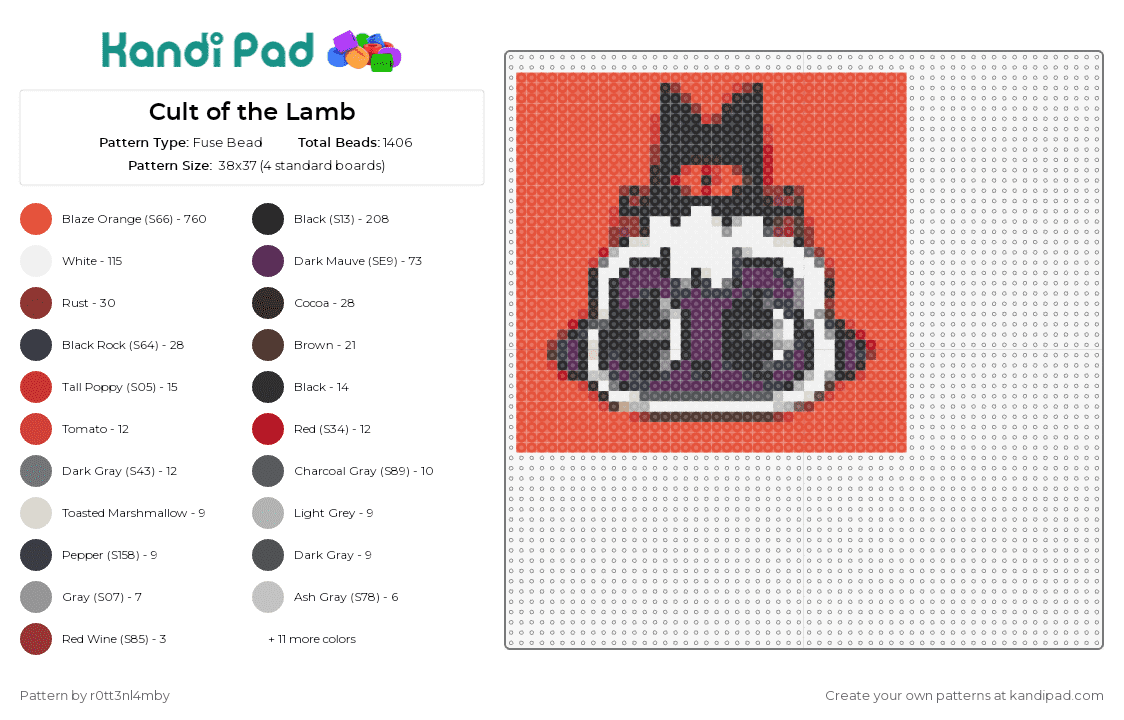 Cult of the lamb - Fuse Bead Pattern by r0tt3nl4mby on Kandi Pad - cult of the lamb,video game,sheep,gaming,character,iconic,fandom,interactive,adventure,orange
