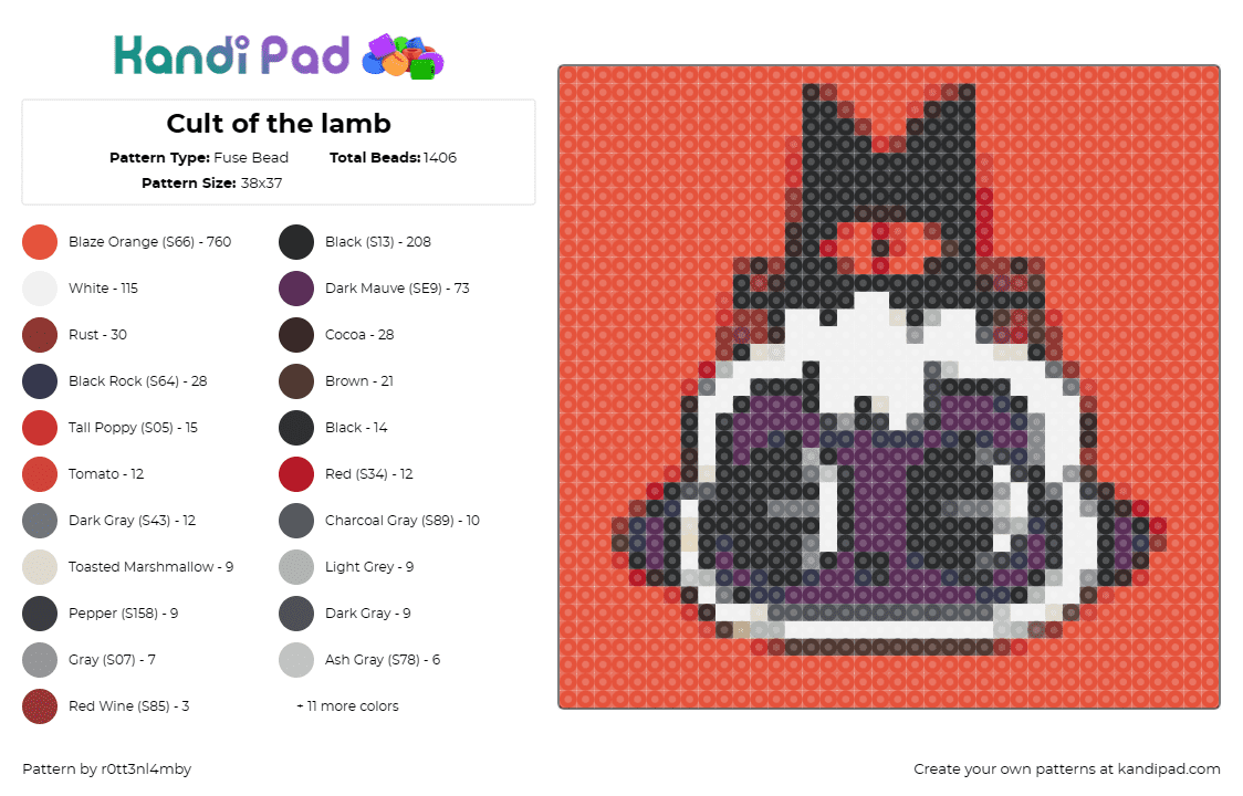 Cult of the lamb - Fuse Bead Pattern by r0tt3nl4mby on Kandi Pad - cult of the lamb,sheep,video game,character,purple,white,red