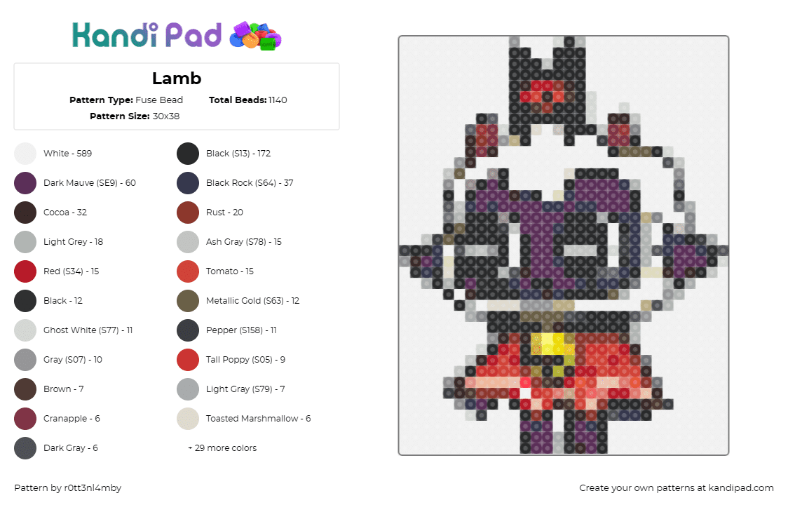 Lamb - Fuse Bead Pattern by r0tt3nl4mby on Kandi Pad - cult of the lamb,sheep,video game,character,purple,red