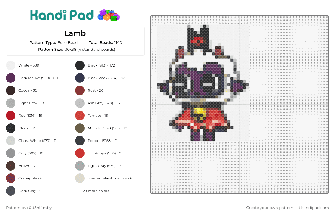 Lamb - Fuse Bead Pattern by r0tt3nl4mby on Kandi Pad - cult of the lamb,video game,sheep,indie,adorable,enigmatic,character,game art,virtual