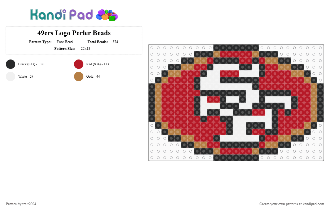 49ers Logo Perler Beads Fuse Bead Pattern - Kandi Pad | Kandi Patterns ...