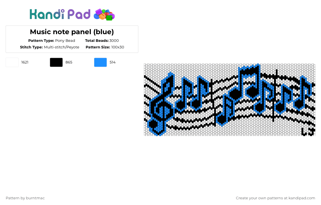 Music note panel (blue) - Pony Bead Pattern by burntmac on Kandi Pad - white