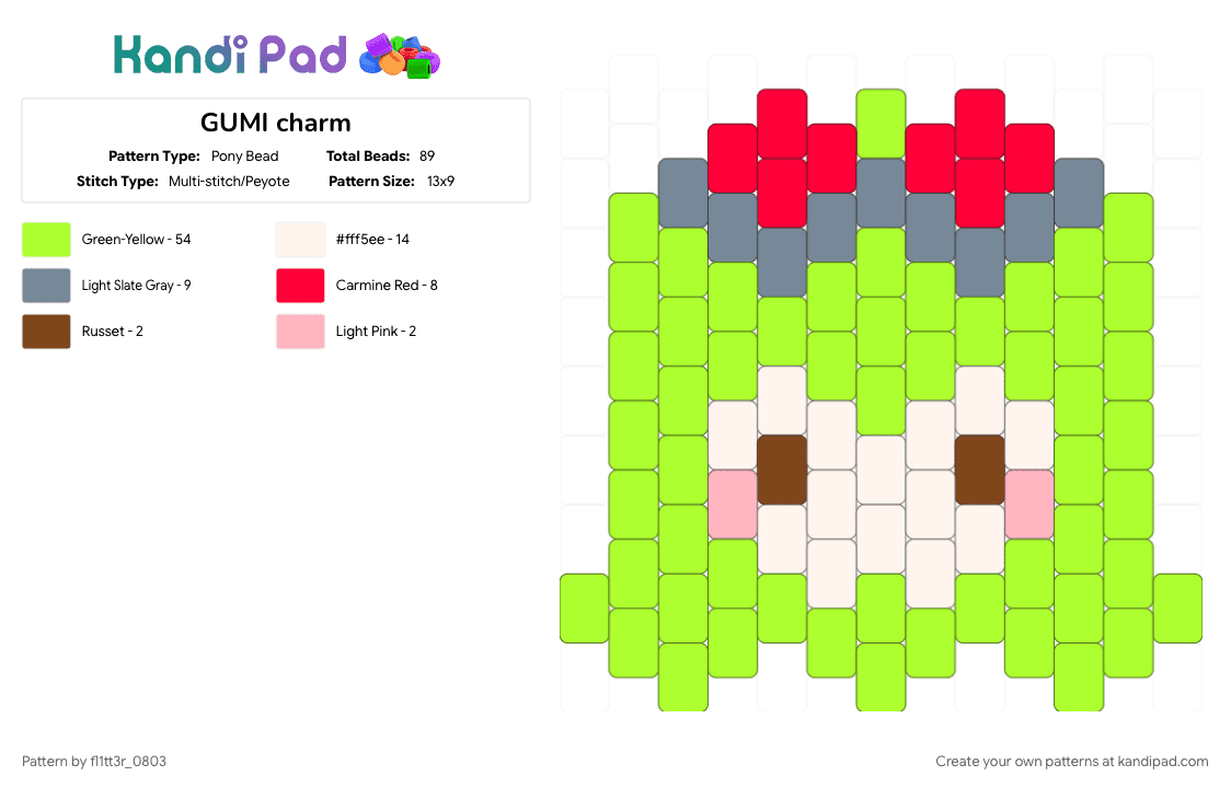 GUMI charm - Pony Bead Pattern by fl1tt3r_0803 on Kandi Pad - green