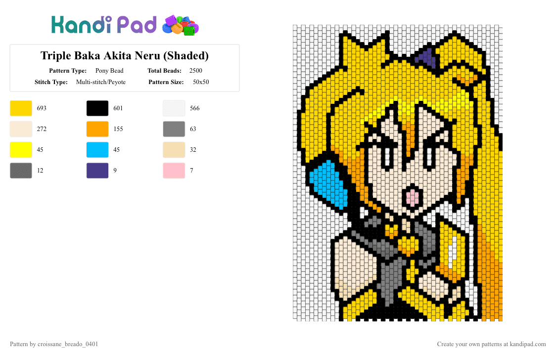 Triple Baka Akita Neru (Shaded) - Pony Bead Pattern by croissane_breado_0401 on Kandi Pad - white,yellow,orange