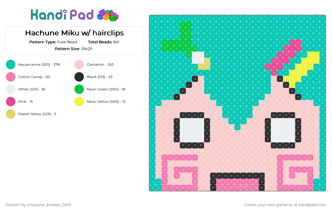 Hachune Miku w/ hairclips - Fuse Bead Pattern by fl1tt3r_0803 on Kandi Pad - beige, teal