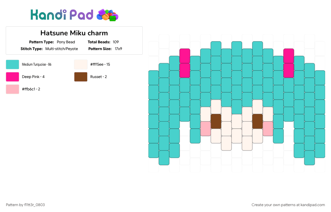 Hatsune Miku charm - Pony Bead Pattern by fl1tt3r_0803 on Kandi Pad - light blue