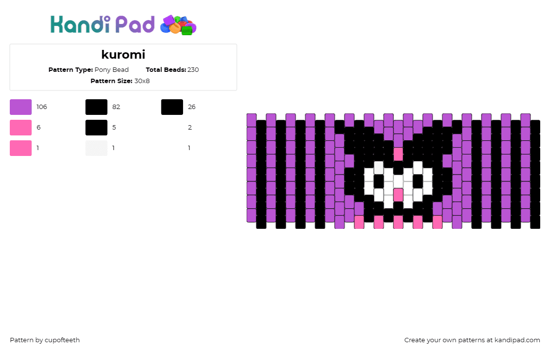 kuromi - Pony Bead Pattern by cupofteeth on Kandi Pad - kuromi,sanrio,kawaii,stripes,black,purple