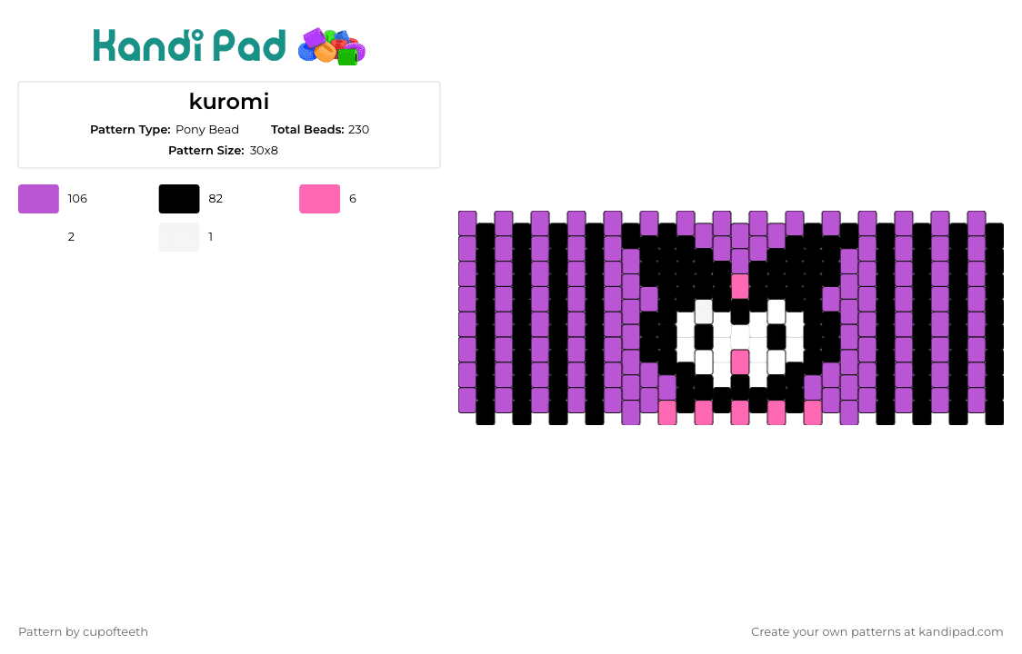 kuromi - Pony Bead Pattern by cupofteeth on Kandi Pad - kuromi,sanrio,stripes,cuff,mischievous,charm,playful,classic,character,personality,purple,black