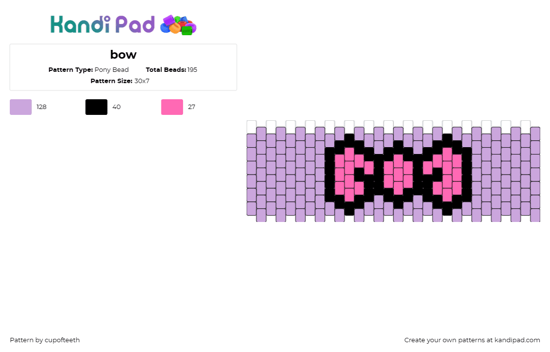 bow - Pony Bead Pattern by cupofteeth on Kandi Pad - bow,hair,cuff,playful,elegant,purple,pink