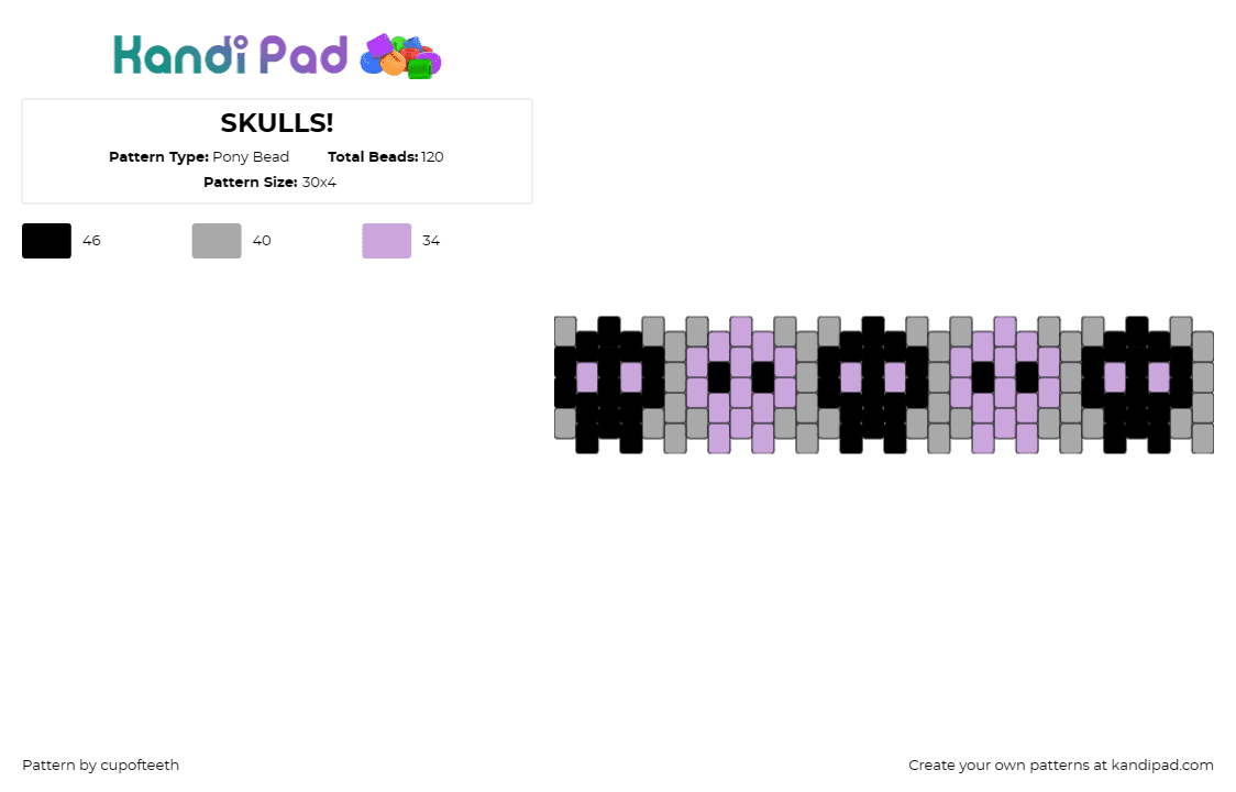 SKULLS! - Pony Bead Pattern by cupofteeth on Kandi Pad - skulls,cuff,skeleton,spooky,halloween,gothic,dark,motif,purple,black