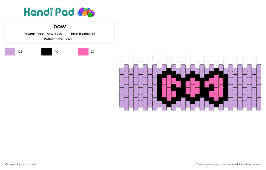 bow - Pony Bead Pattern by cupofteeth on Kandi Pad - bow,hair,cuff,accessory,playful,charming,elegant,purple,pink
