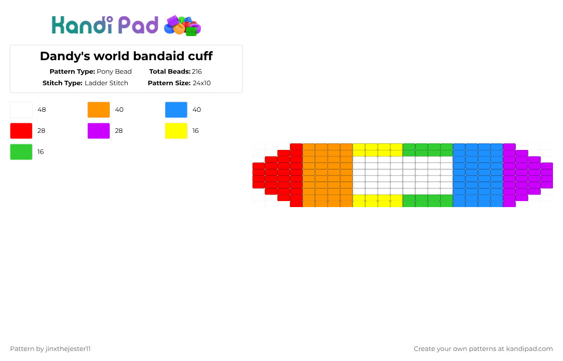 Dandy\'s world bandaid cuff - Pony Bead Pattern by jinxthejester11 on Kandi Pad - red,orange,light blue,purple,dandys world,bandaid,cuff,ladder stitch