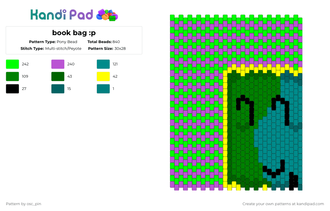 book bag :p - Pony Bead Pattern by osc_pin on Kandi Pad - green,pink,bfdi,book,object show,bag