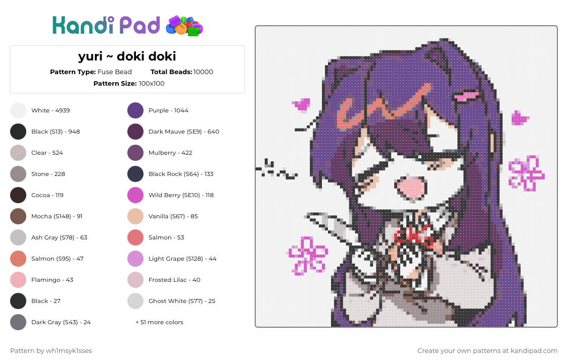 yuri ~ doki doki - Fuse Bead Pattern by wh1msyk1sses on Kandi Pad - beige, pink, purple, white